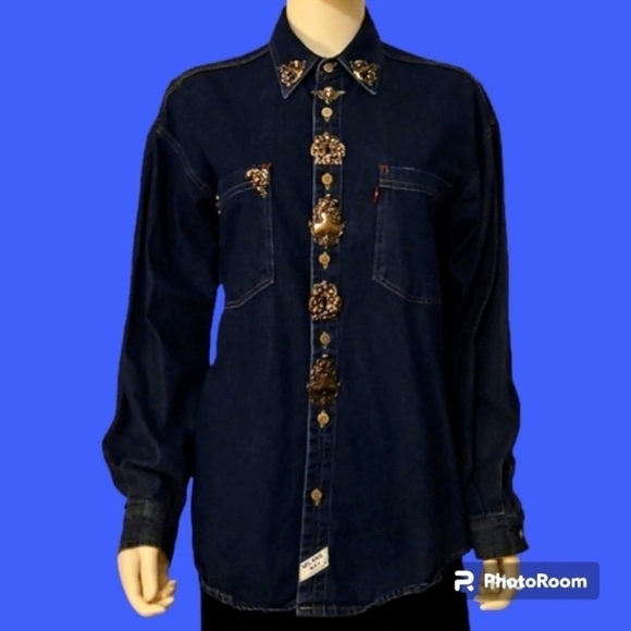 VTG MILANO BAY Cherub Embellished Denim Button Down Shacket Shirt - Picture 1 of 12